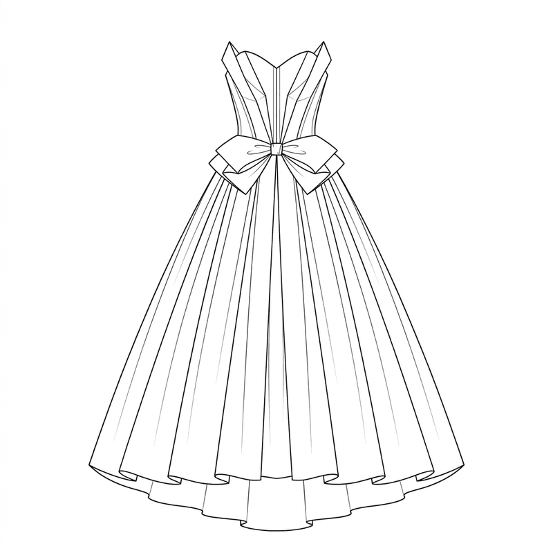 Technical flat sketch of an architectural strapless ball gown in midnight navy taffeta