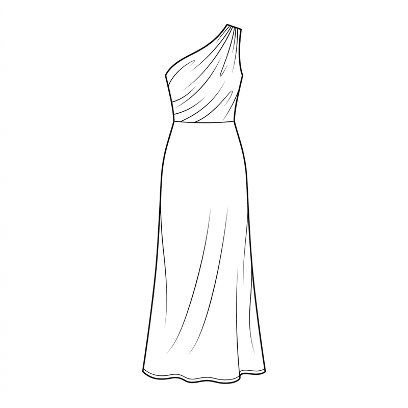 Technical flat sketch of a one-shoulder draped silk gown in deep emerald