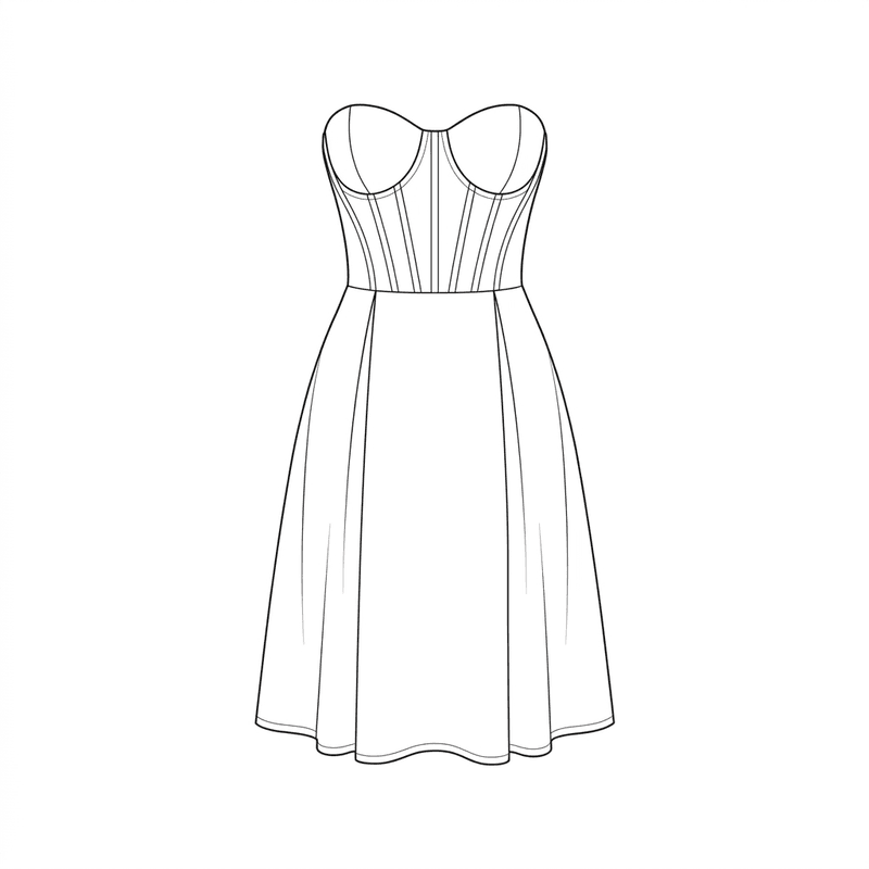Technical flat sketch of a strapless sweetheart cocktail dress in wine velvet with corseted bodice