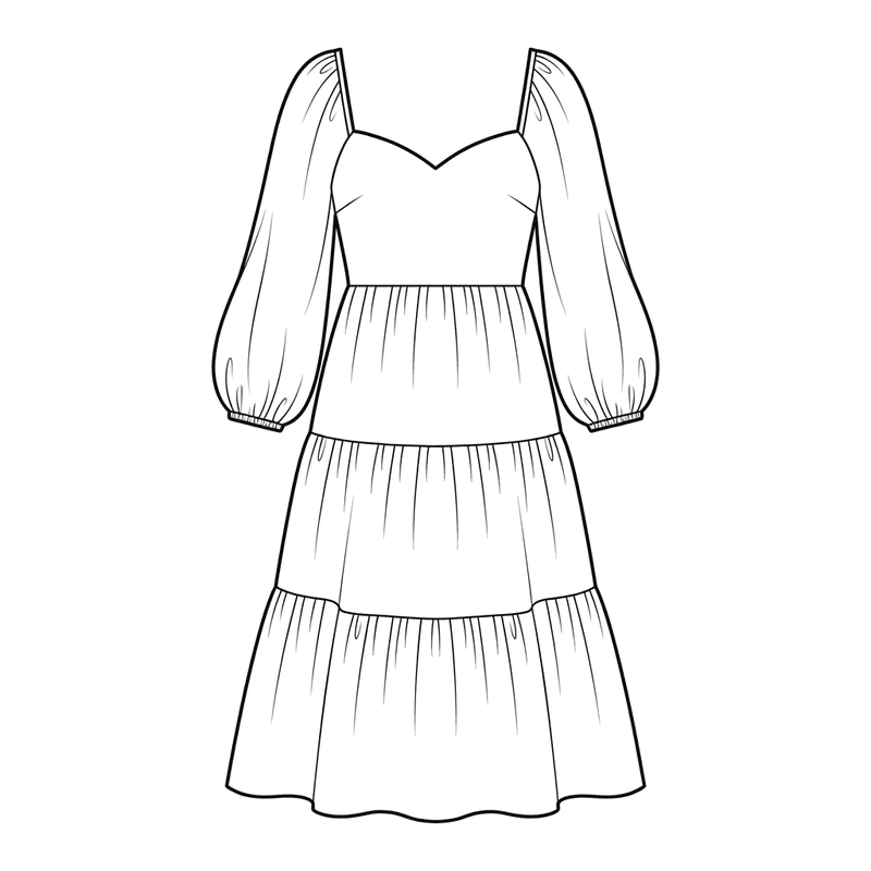 Technical flat sketch of a tiered ruffle midi dress in dusty rose chiffon with bishop sleeves