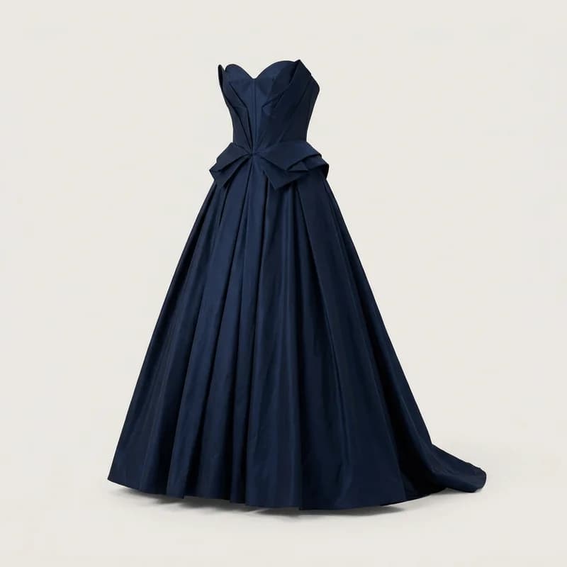 Architectural strapless ball gown in midnight navy taffeta, photorealistic ghost-mannequin render, front view