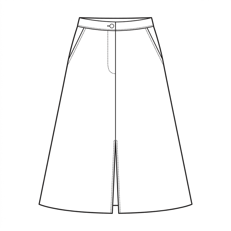 A-line midi skirt in wool crepe, technical flat sketch, front view