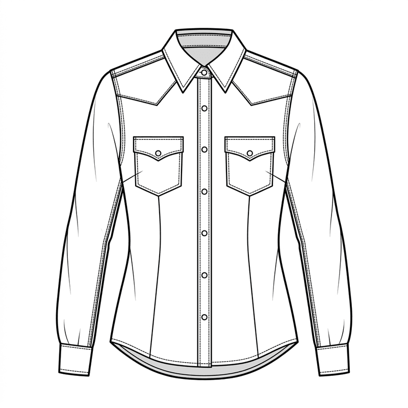 Fitted Western-style denim shirt, technical flat sketch, front view
