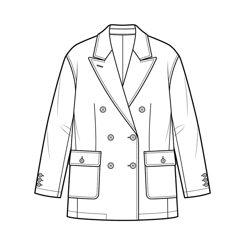 Oversized double-breasted wool blazer, technical flat sketch, front view