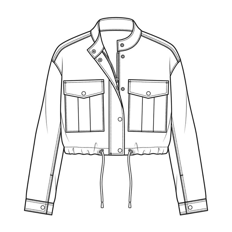 Cropped utility jacket with bellow pockets, technical flat sketch, front view