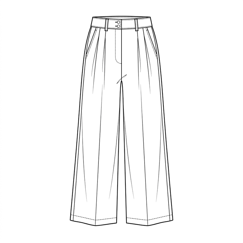 Wide-leg pleated tailored trousers, technical flat sketch, front view