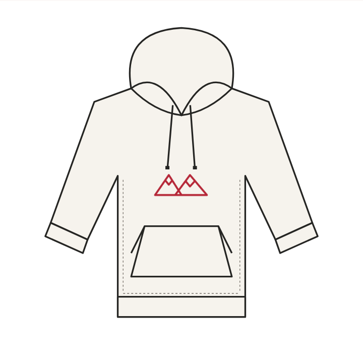 Front technical sketch of the sample hoodie with artwork placement